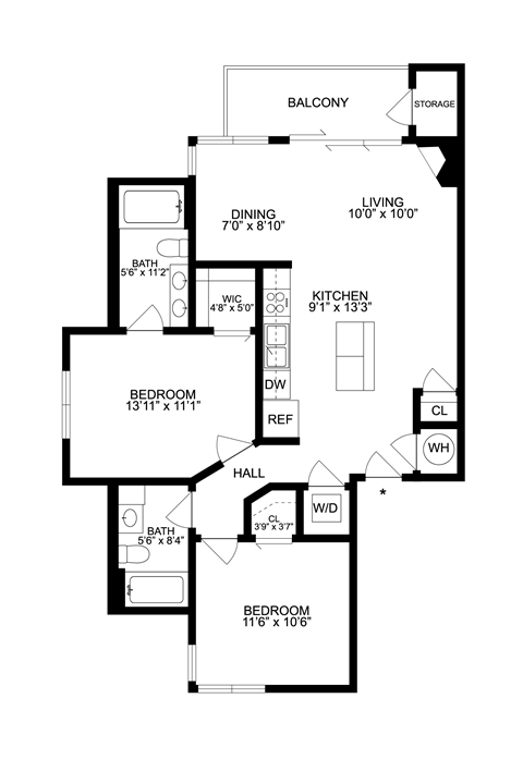 a floor plan of a home with two bedrooms and two bathrooms